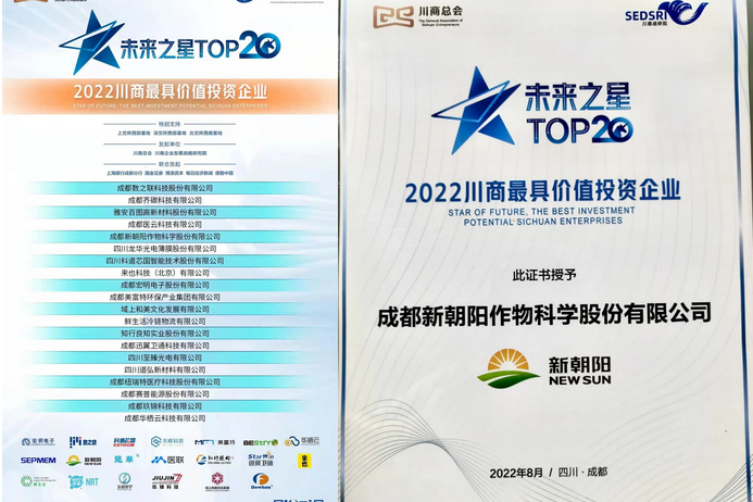 2022（第三屆）未來大會(huì)，成都新朝陽榮獲“2022川商最具投資價(jià)值TOP20企業(yè)”